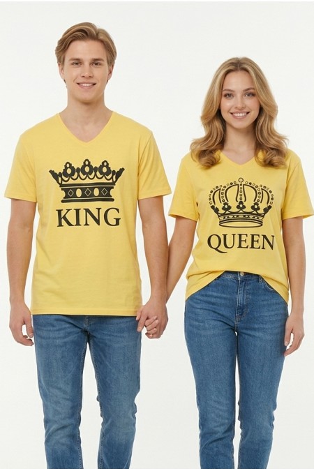 King Queen Taç Baskılı V Yaka Pamuklu Sevgili Kombini Tişört