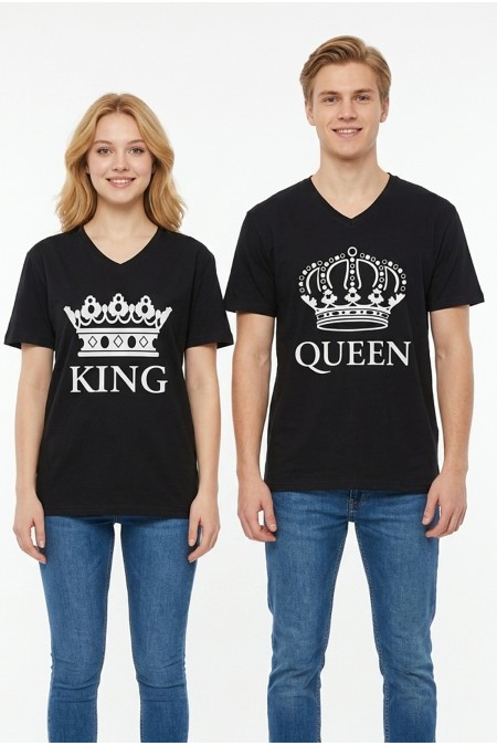 King Queen Taç Baskılı V Yaka Pamuklu Sevgili Kombini Tişört