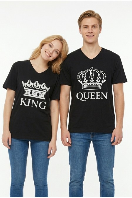 King Queen Taç Baskılı V Yaka Pamuklu Sevgili Kombini Tişört