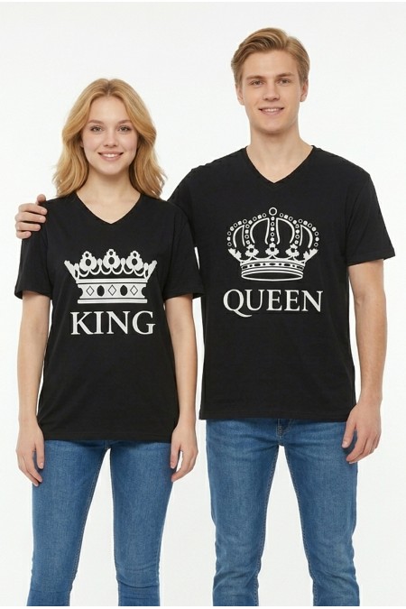 King Queen Taç Baskılı V Yaka Pamuklu Sevgili Kombini Tişört
