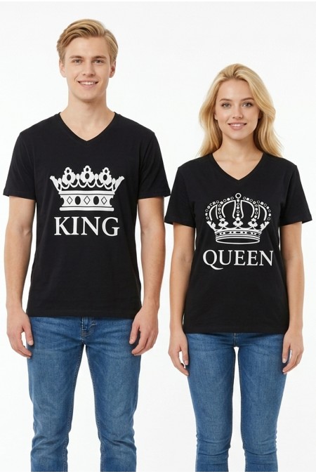 King Queen Taç Baskılı V Yaka Pamuklu Sevgili Kombini Tişört