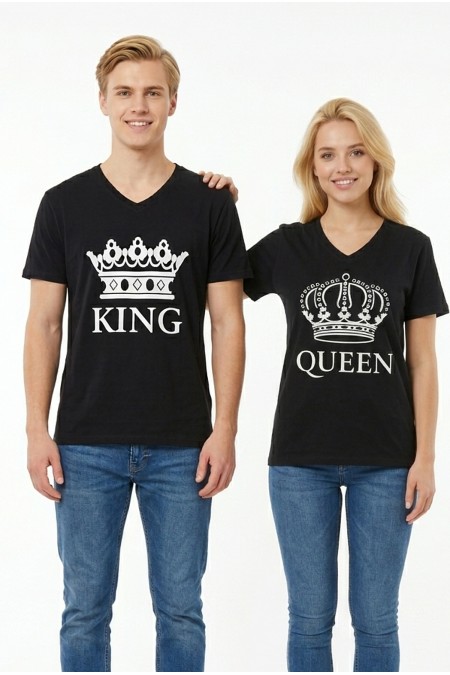 King Queen Taç Baskılı V Yaka Pamuklu Sevgili Kombini Tişört