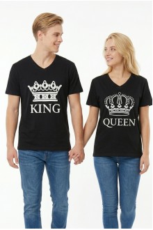 King Queen Taç Baskılı V Yaka Pamuklu Sevgili Kombini Tişört