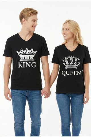 King Queen Taç Baskılı V Yaka Pamuklu Sevgili Kombini Tişört