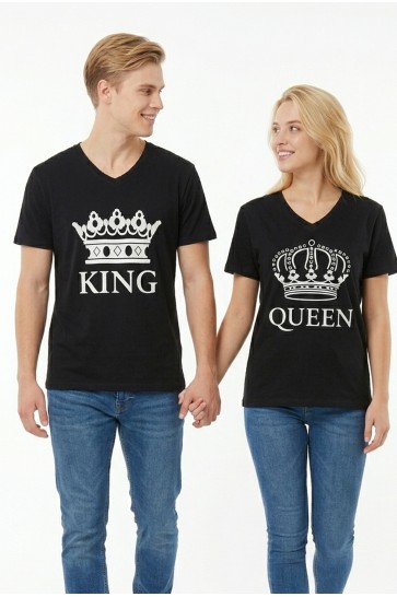 King Queen Taç Baskılı V Yaka Pamuklu Sevgili Kombini Tişört
