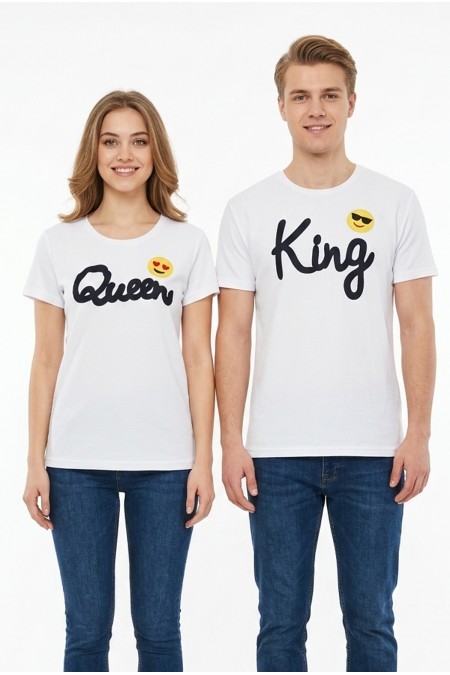 King Queen Baskılı Emoji Detaylı Pamuklu Sevgili Kombini Tişört