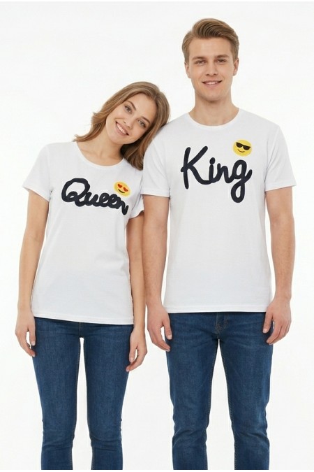 King Queen Baskılı Emoji Detaylı Pamuklu Sevgili Kombini Tişört