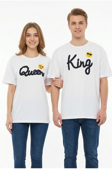 King Queen Baskılı Emoji Detaylı Pamuklu Sevgili Kombini Tişört