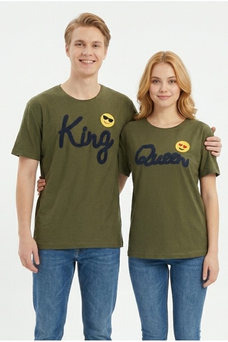 King Queen Baskılı Emoji Detaylı Pamuklu Sevgili Kombini Tişört