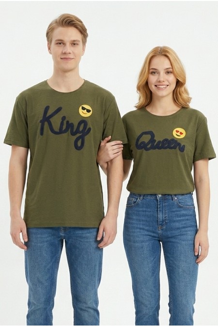 King Queen Baskılı Emoji Detaylı Pamuklu Sevgili Kombini Tişört