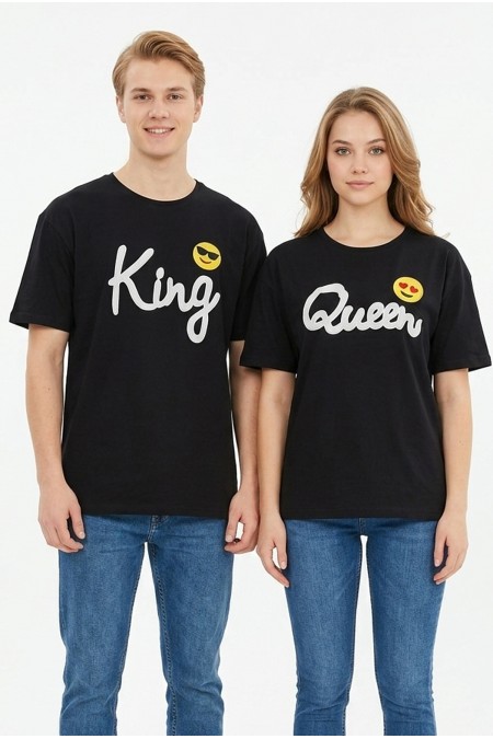 King Queen Baskılı Emoji Detaylı Pamuklu Sevgili Kombini Tişört