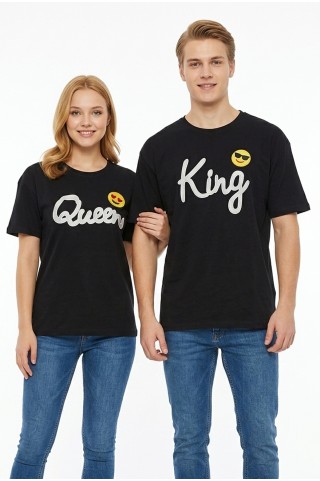 King Queen Baskılı Emoji Detaylı Pamuklu Sevgili Kombini Tişört