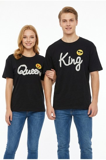 King Queen Baskılı Emoji Detaylı Pamuklu Sevgili Kombini Tişört