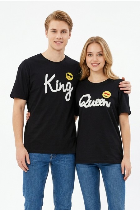 King Queen Baskılı Emoji Detaylı Pamuklu Sevgili Kombini Tişört
