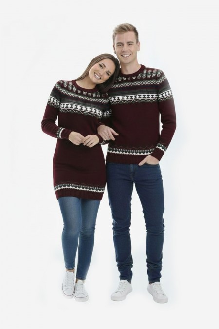 Desenli Bordo Tesettür Kazak Sevgili Kombini 