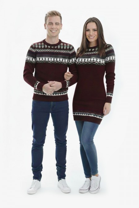 Desenli Bordo Tesettür Kazak Sevgili Kombini 