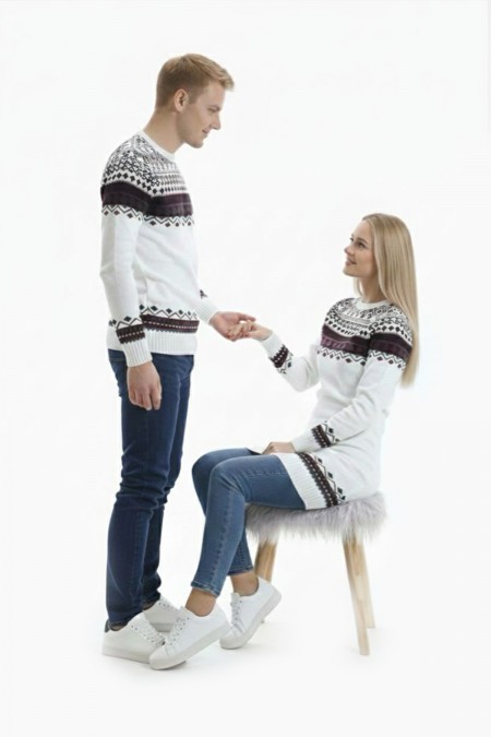 Desenli Beyaz Tesettür Kazak Sevgili Kombini 