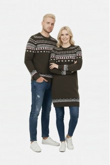 Desenli Haki Tesettür Kazak Sevgili Kombini 