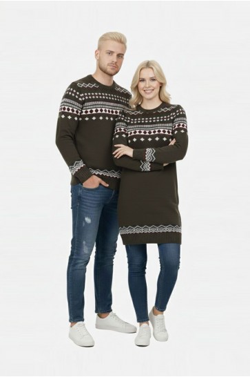 Desenli Haki Tesettür Kazak Sevgili Kombini 