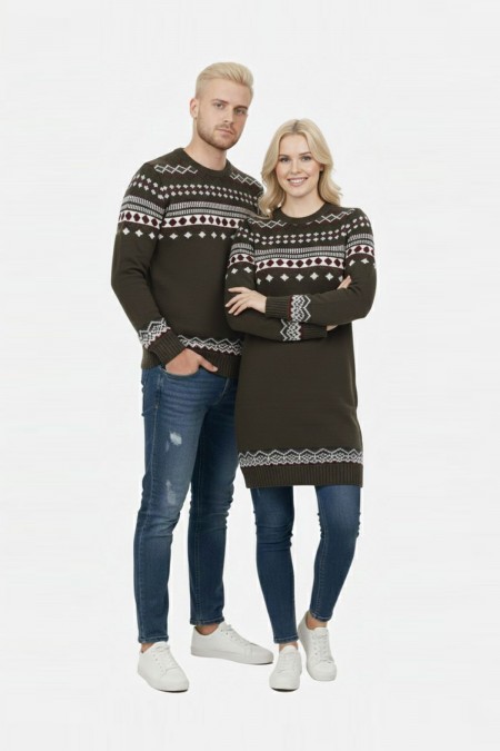 Desenli Haki Tesettür Kazak Sevgili Kombini 