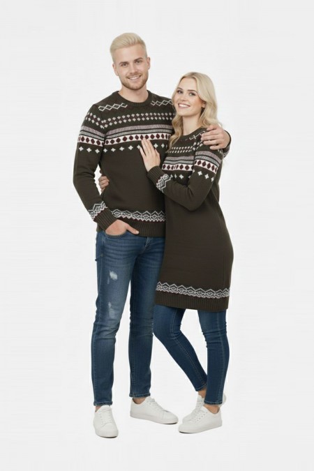 Desenli Haki Tesettür Kazak Sevgili Kombini 