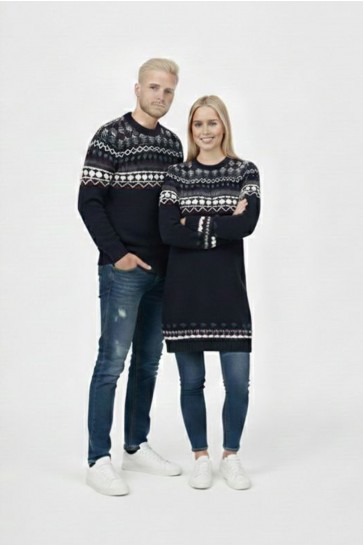 Desenli Lacivert Tesettür Kazak Sevgili Kombini 