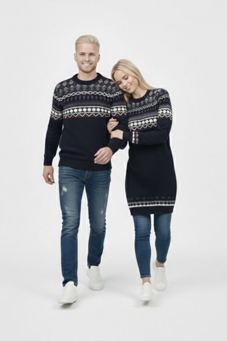 Desenli Lacivert Tesettür Kazak Sevgili Kombini 