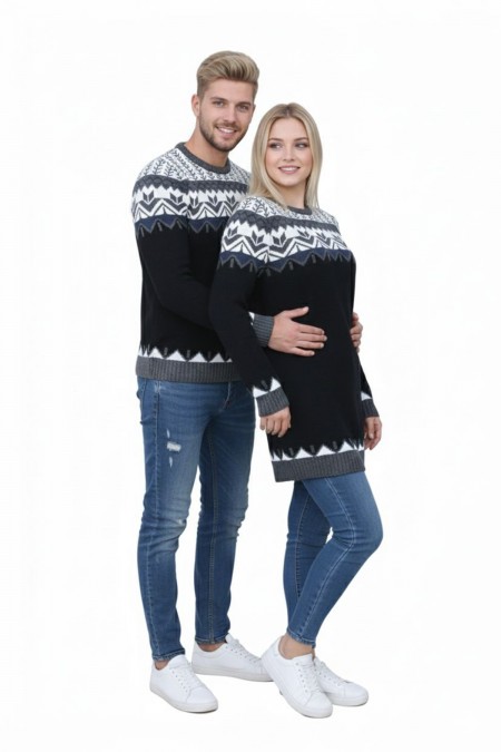 Desenli Siyah Tunik Ve Triko Sevgili Kombini