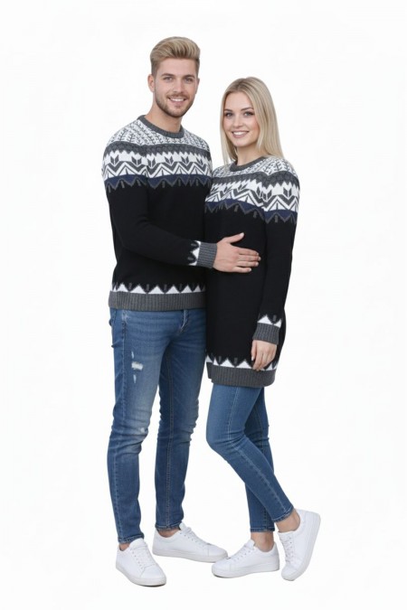 Desenli Siyah Tunik Ve Triko Sevgili Kombini