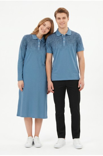 Desenli Mavi Tunik & Tişört Sevgili Kombini