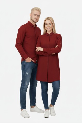 Düz Bordo Tunik Ve Gömlek Sevgili Kombini