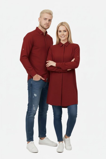 Düz Bordo Tunik Ve Gömlek Sevgili Kombini