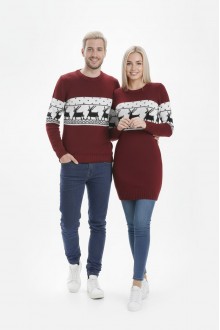 Geyik Desenli Bordo Tesettür Kazak Sevgili Kombini 