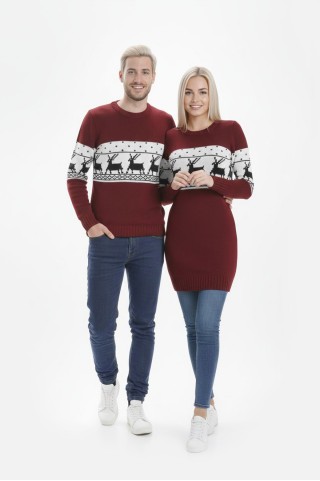 Geyik Desenli Bordo Tesettür Kazak Sevgili Kombini 