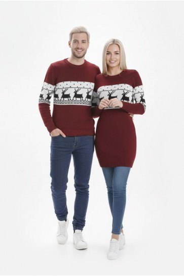 Geyik Desenli Bordo Tesettür Kazak Sevgili Kombini 