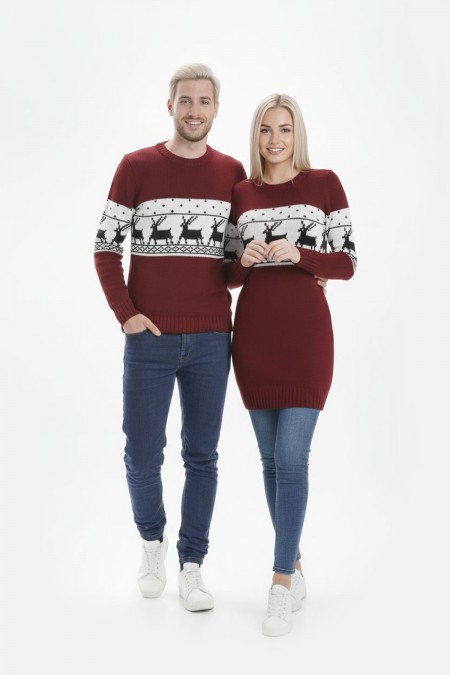 Geyik Desenli Bordo Tesettür Kazak Sevgili Kombini 