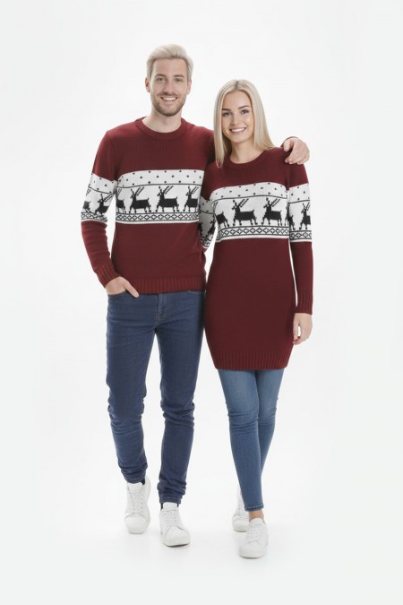 Geyik Desenli Bordo Tesettür Kazak Sevgili Kombini 