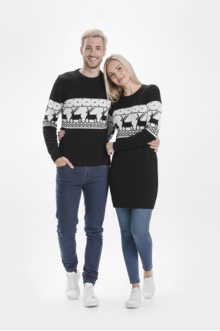 Geyik Desenli Siyah Tesettür Kazak  Sevgili Kombini 