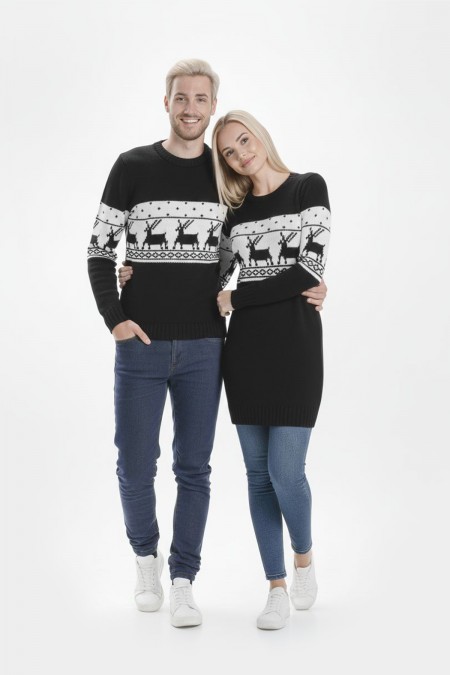 Geyik Desenli Siyah Tesettür Kazak  Sevgili Kombini 