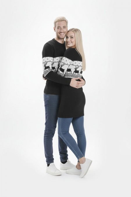 Geyik Desenli Siyah Tesettür Kazak  Sevgili Kombini 