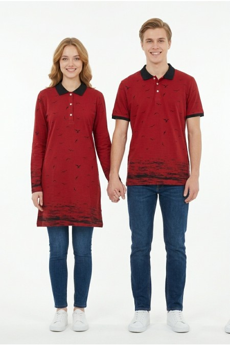 Martı Desen Bordo Tunik Ve Tişört Sevgili Kombini