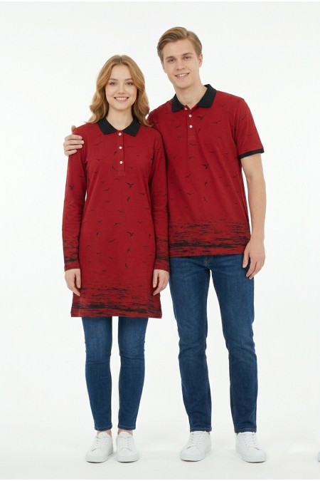 Martı Desen Bordo Tunik Ve Tişört Sevgili Kombini