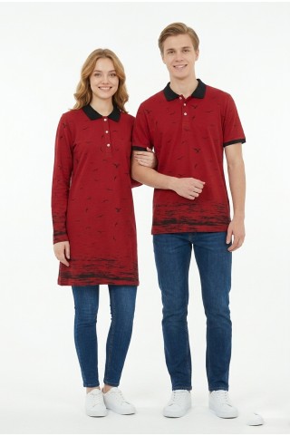 Martı Desen Bordo Tunik Ve Tişört Sevgili Kombini