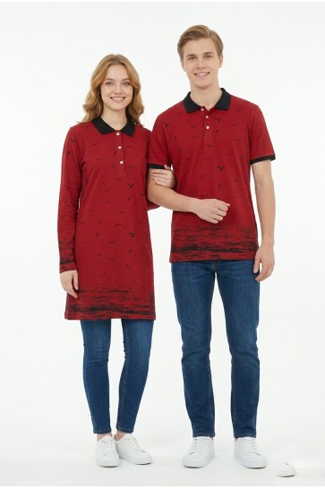 Martı Desen Bordo Tunik Ve Tişört Sevgili Kombini