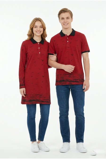 Martı Desen Bordo Tunik Ve Tişört Sevgili Kombini