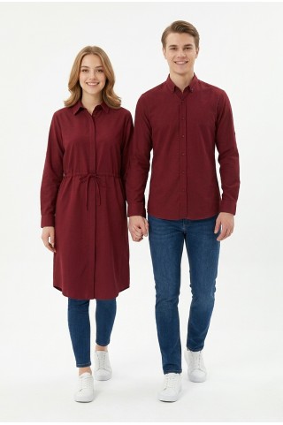 Belden Bağlamalı Armürlü Bengalin Kumaş Uzun Kadın Gömlek Elbise ve Slim Fit Erkek Gömlek Sevgili Kombini