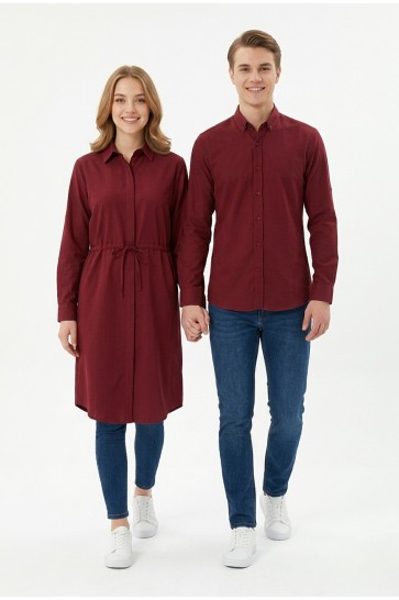 Belden Bağlamalı Armürlü Bengalin Kumaş Uzun Kadın Gömlek Elbise ve Slim Fit Erkek Gömlek Sevgili Kombini