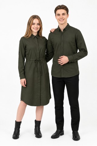 Kadın Erkek Sevgili Kombini  Belden Bağlamalı Armürlü Bengalin Kumaş Uzun Gömlek Elbise ve Slim Fit Gömlek
