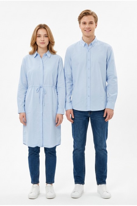 Belden Bağlamalı Armürlü Bengalin Kumaş Uzun Kadın Gömlek Elbise ve Slim Fit Erkek Gömlek Sevgili Kombini