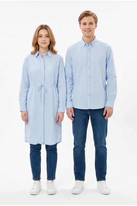 Belden Bağlamalı Armürlü Bengalin Kumaş Uzun Kadın Gömlek Elbise ve Slim Fit Erkek Gömlek Sevgili Kombini